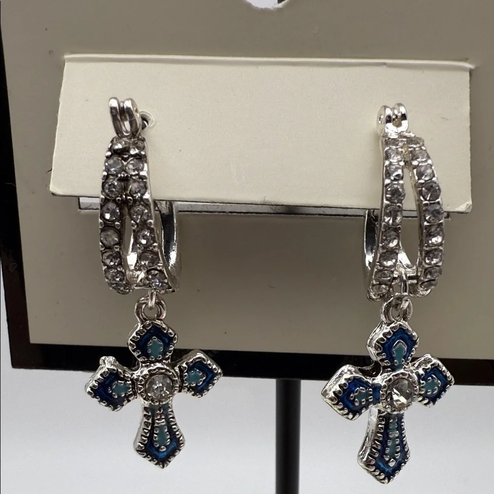 NWT Napier Silver and Blue Cross Dangle Earrings